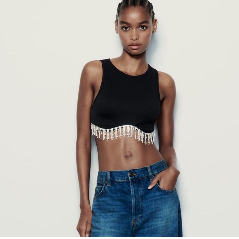 Zara Limited Edition Contour Collection Rhinestone Crop Tank Black XS/S NWT